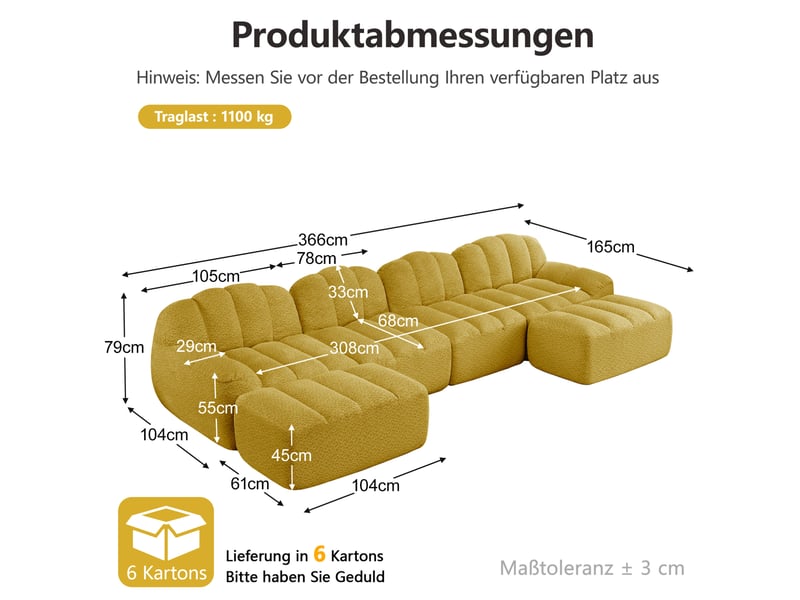  Canapé d'angle modulable 4 places jaune en tissu bouclette, avec 2 poufs, forme u pour le salon familial  - Conforama C