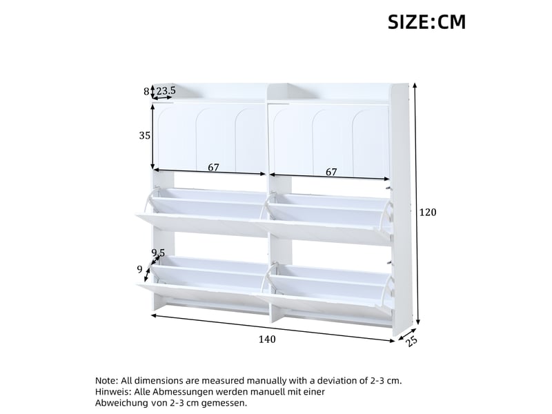  Lot de 2 meubles à chaussures 140 x 25 x 120 cm blanc mdf, 6 portes abattantes et 12 compartiments  - Conforama C