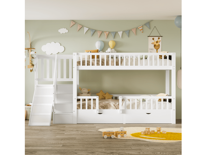  Lit superposé enfant 90x200 cm avec toboggan, escaliers, 2 tiroirs et porte magnétique, en bois, blanc, sans matelas  - Conforama D