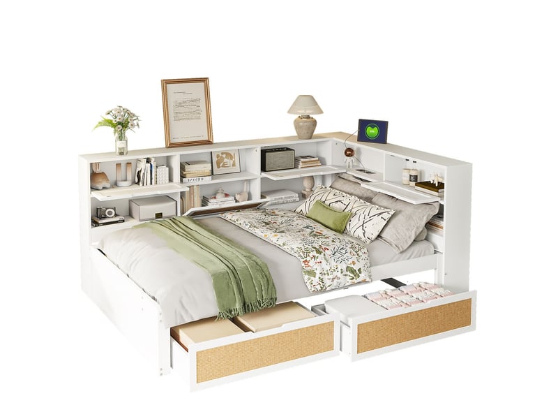 Lit avec tiroirs 140 x 200 cm bois massif blanc multifonctionnel compartiments de rangement port de charge  - Conforama B