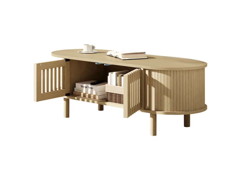  Table basse ovale 100 x 40 x 38 cm avec rangement, 2 portes à lattes et porte coulissante à rideau, mdf et pieds en bois, bois clair  - Conforama A