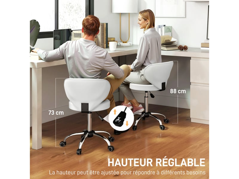 Tabouret de massage à roulettes en pu blanc avec hauteur réglable de 73 à 88 cm dossier et rotation à 360 degrés - Conforama E