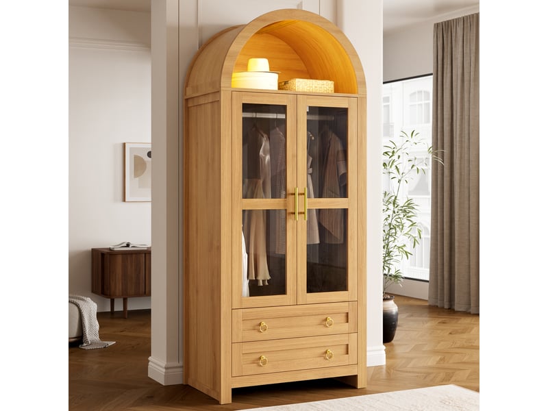  Armoire-penderie 76x50x185cm avec portes vitrées, tringle, 2 tiroirs et éclairage led multicolore, design incurvé, effet chêne evarich - Conforama B