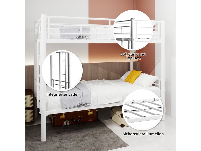  Lit superposé métal blanc 90x190 - transformable en 2 lits - garde-corps sécurisé - rangement pratique  - Conforama D