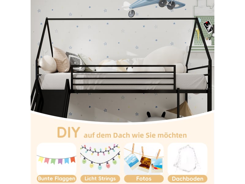  Lit superposé enfant 90x190cm - toboggan intégré - garde-corps 32cm - structure métal - noir  - Conforama C