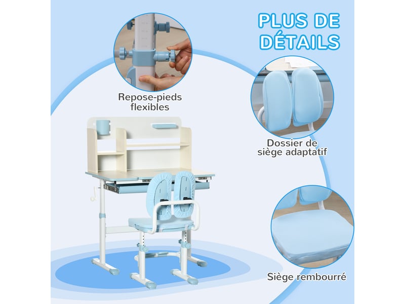  Ensemble bureau et chaise pour enfants hauteur réglable et plateau inclinable 0-60° table bleu 80 x 52 x 88-109 cm  - Conforama W
