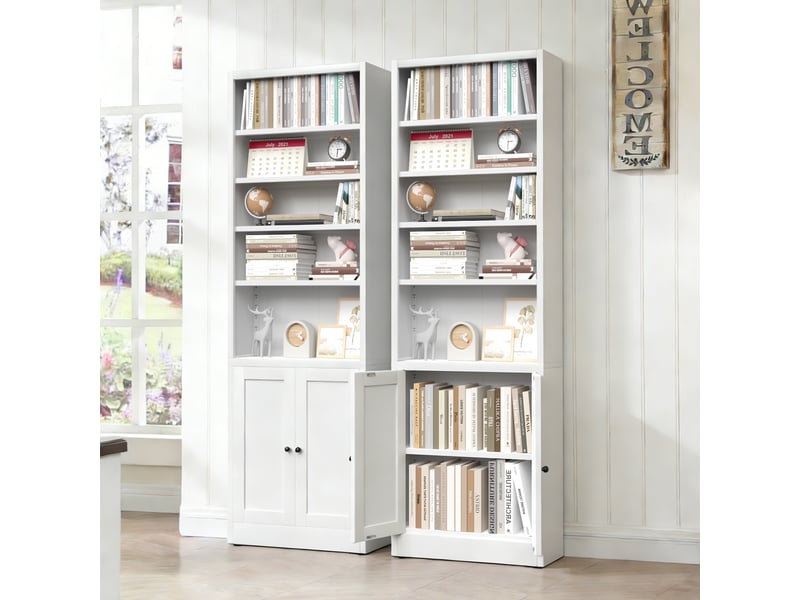 Bibliothèque en métal avec 5 niveaux et porte, étagère blanche de style industriel avec tablettes réglables - Conforama E