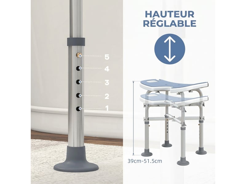 Tabouret de douche - siège de douche avec barre d'appui ventouse - hauteur réglable - alu hdpe bleu clair blanc - Conforama D