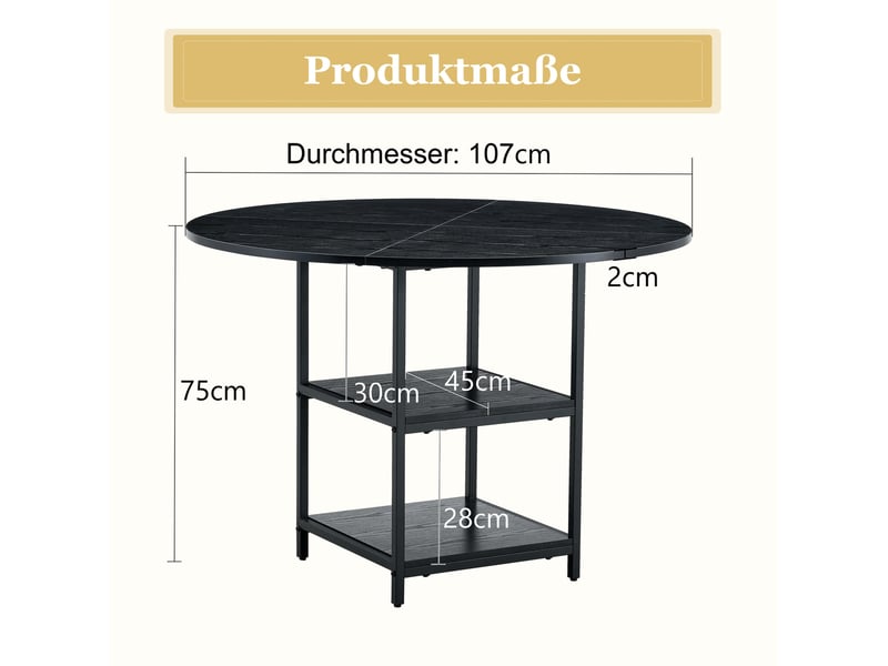 Table à manger ronde, 107x75 cm, industrielle avec double espace, pratique, plateau mdf, piètement métal, coloris noir - Conforama C