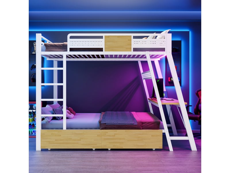  Lit superposé gaming 140 x 200 cm avec grand bureau, led multicolore, prises usbusb-c et 2 paniers de rangement en métal blanc sans matelas  - Conforama C
