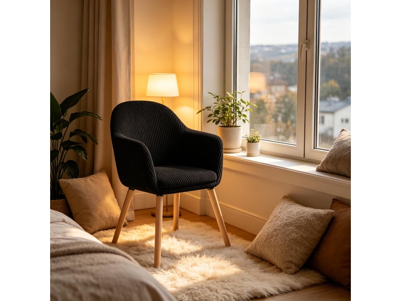  Fauteuil d'accent 53.5x83.5x46cm – chaise de salle à manger avec accoudoirs intégrés et pieds en bois massif – velours côtelé - noir  - Conforama B