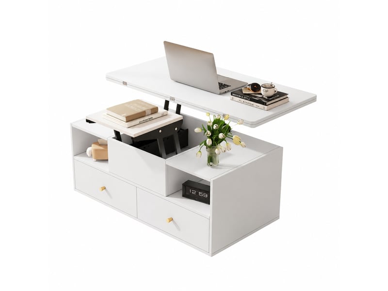 Table basse relevable hydraulique, convertible, 4 tiroirs, roulettes, 100 x 50 cm, blanc - Conforama A
