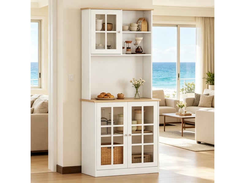 Meuble de cuisine blanc et chêne clair muvano, vitré avec plan de travail, 80 × 37 × 183 cm - Conforama C