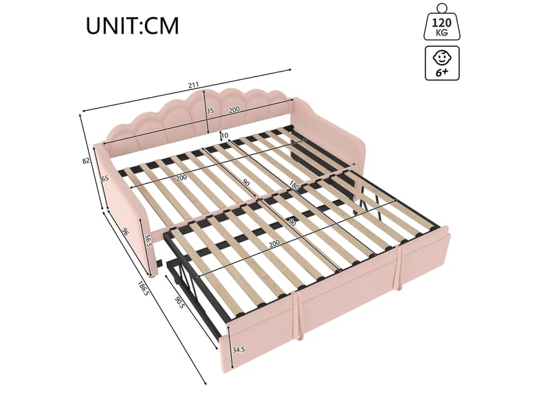  Lit gigogne canapé 90x200 cm fermé, 180x200 cm ouvert, tête ondulée, led multicolores, velours, rose, sans matelas  - Conforama C