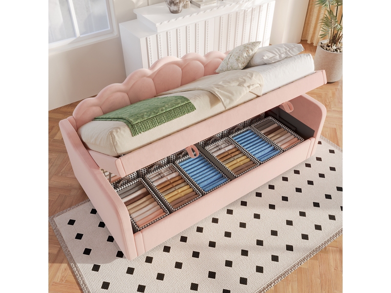  Lit coffre enfant 90x200cm avec éclairage led multicolore, design ondulé, velours, rose, sans matelas  - Conforama C