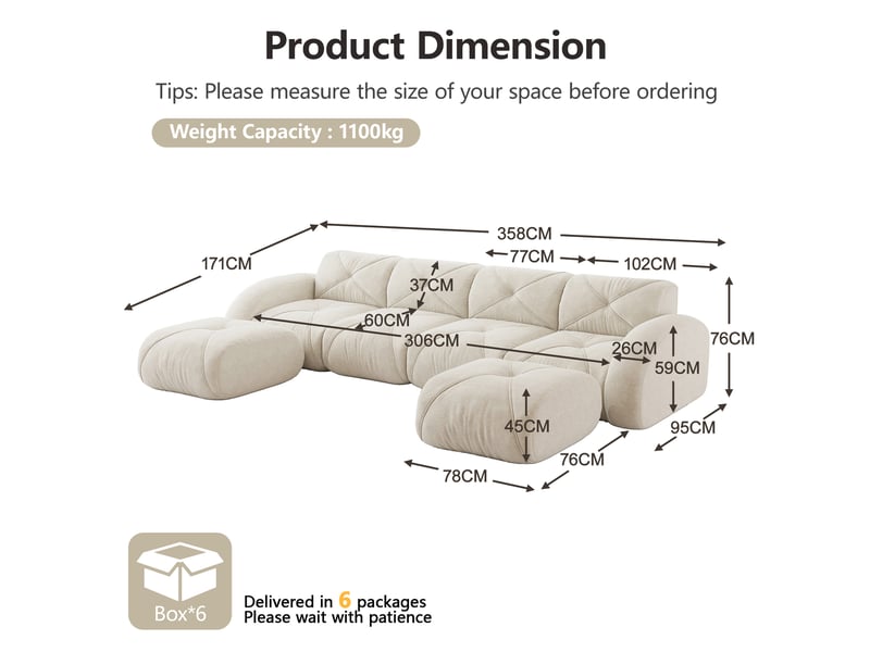 Canapé panoramique en u modulaire avec assise en mousse dense et structure sans cadre, en chenille beige clair - Conforama E