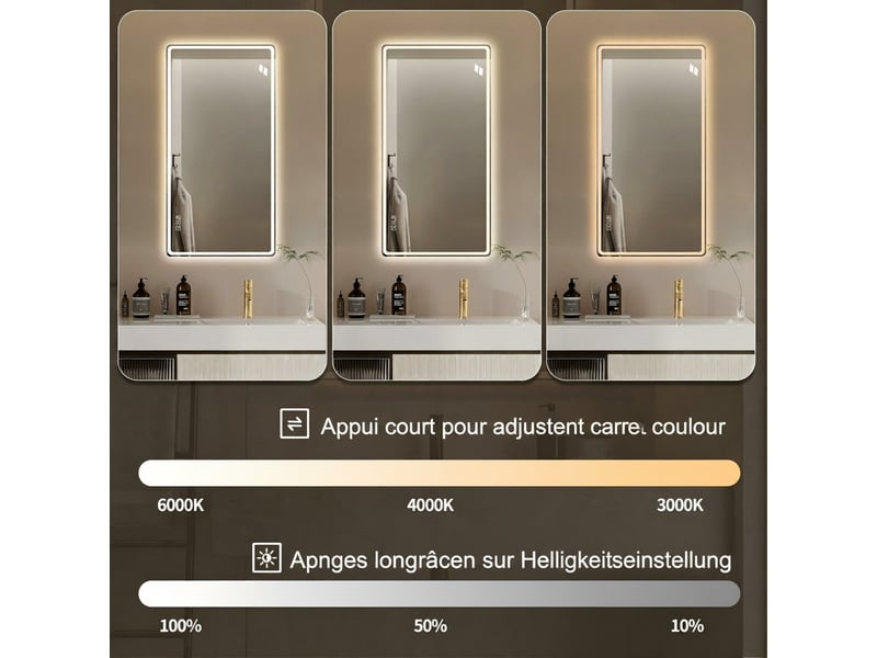  Miroir salle de bain led 60x120cm sans cadre, double éclairage, tactile, 3000k-6000k, anti-buée, verre hd sans cuivre  - Conforama R