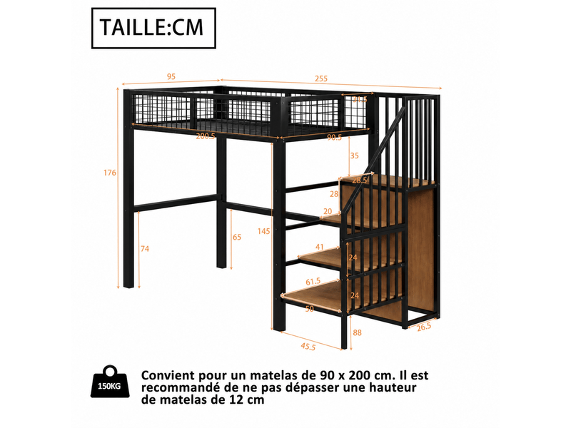  Lit mezzanine en métal, lit simple avec armoire, échelle de rangement et garde-corps, 90x200 cm, sans matelas, noir  - Conforama D