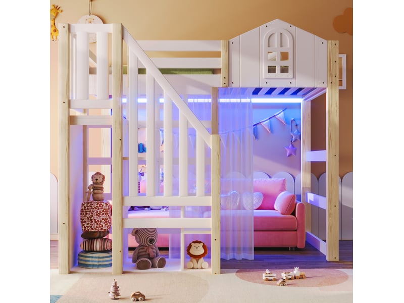  Lit mezzanine enfant 90 x 200 cm avec led, escalier de rangement, blanc naturel  - Conforama D