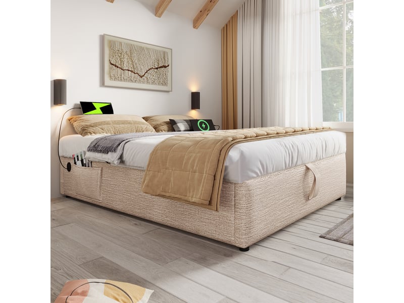 Lit coffre 160x200 cm rembourré, rangement hydraulique, usb-c intégré, revêtement lin naturel, sommier complet - Conforama B