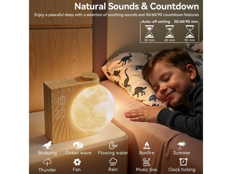  Réveil et veilleuse enfant avec simulateur d'aube - réveil lumineux avec 15 sonneries, fonction snooze,8 couleurs rgb, 10 sons naturels avec minuterie  - Conforama E