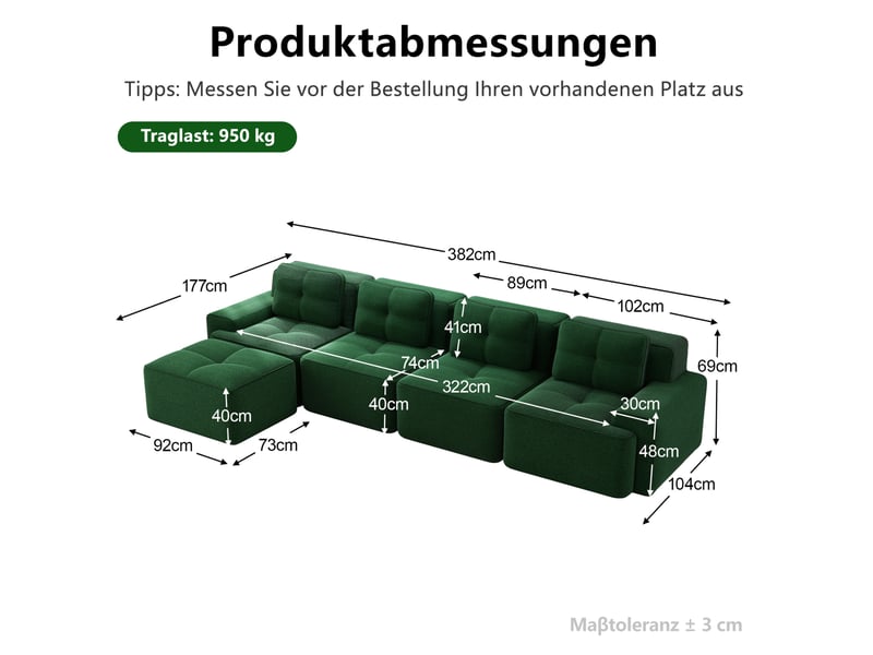  Canapé d'angle modulaire ulevr 4 places avec méridienne, velours côtelé vert, assise profonde 74 cm, 382 x 177 x 69 cm  - Conforama C