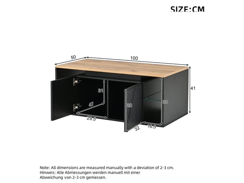  Table basse led avec 2 portes et niches ouvertes, pour salon, en panneaux de particules, noir et bois, 100 × 50 × 41 cm  - Conforama D