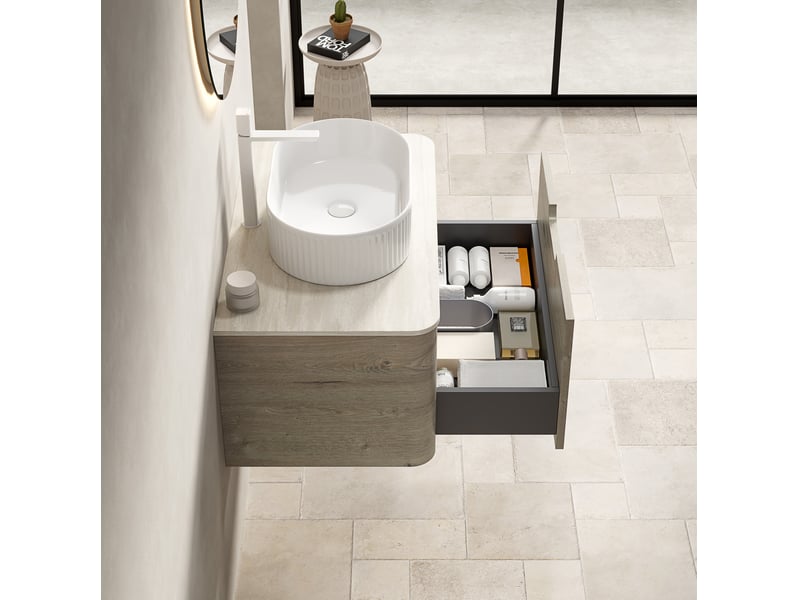  Meuble sous vasque suspendu avec 1 tiroir à fermeture amortie et vasque ovale pour salle de bain 80 × 46 × 50,2 cm  - Conforama D