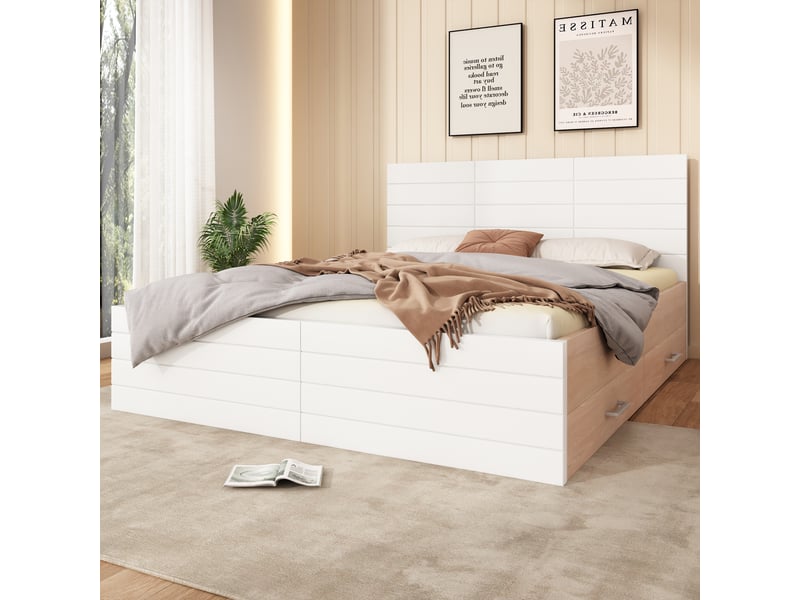  Lit double en bois 160x200 cm avec rangement, lit 2 places avec 2 tiroirs coulissants, sommier à lattes inclus, style moderne - blanc et chêne  - Conforama D