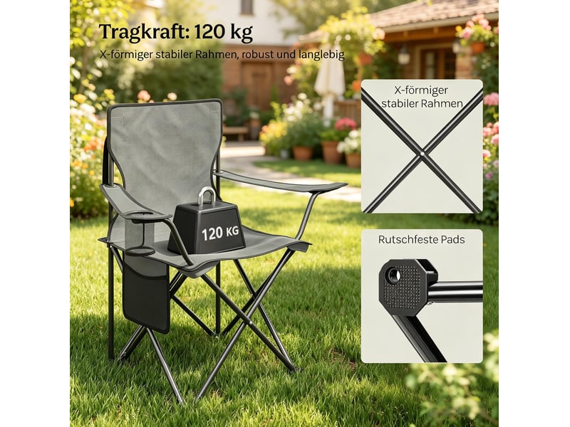  Lot de 2 chaises de camping pliantes gris foncé avec porte-gobelet et sac de transport pour vos sorties  - Conforama D