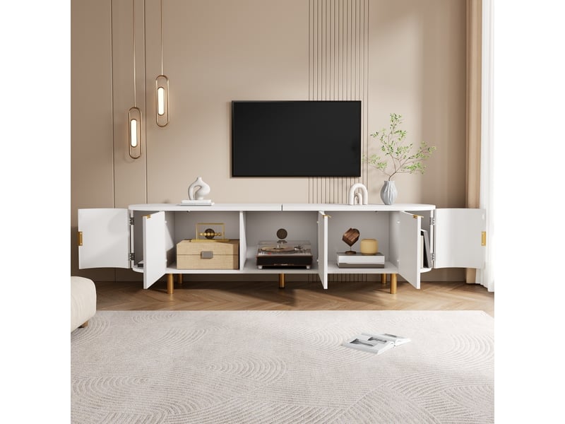  Meuble tv bas en mdf, 5 portes, façade rainurée, côtés arrondis, pieds et poignées en fer, buffet multimédia 170 x 40 x 47 cm  - Conforama D