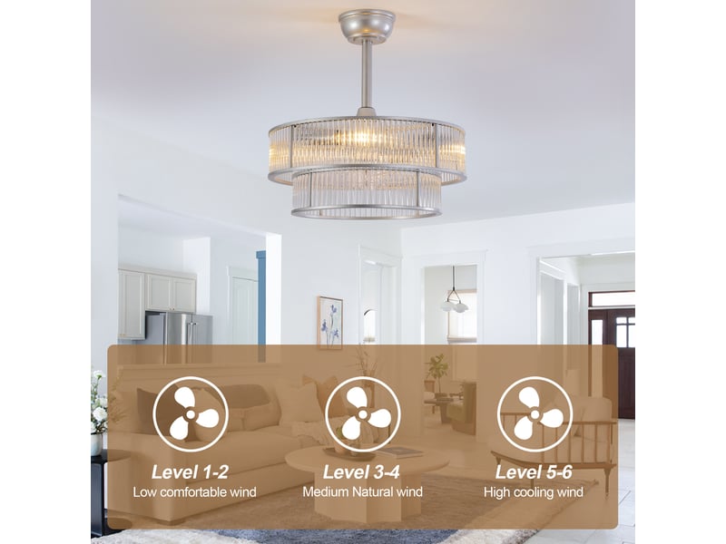 Ventilateur de plafond avec lumière cristal, commande via application et télécommande, 6 vitesses, moteur silencieux, argenté, 50 x 50 x 39 cm - Conforama C