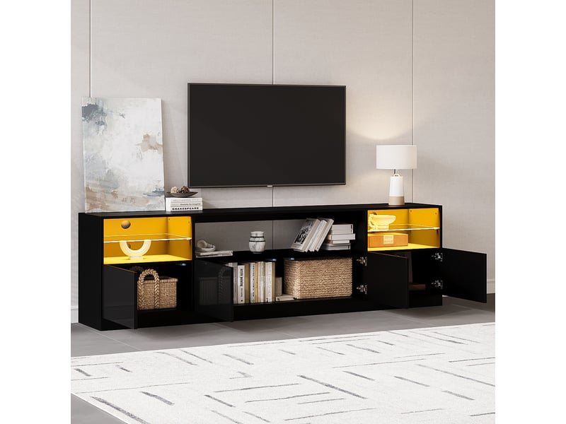Meuble tv led 180x35x60 cm - meuble bas brillant avec 4 portes, 8 espaces de rangement ouverts, pour tv jusqu’à 75 pouces - noir - Conforama B