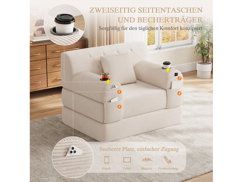Canapé-lit tcqpz 1 place 107 x 80 x 81 cm convertible en couchage 162 cm velours côtelé beige - Conforama E