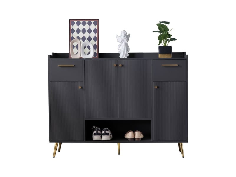  Meuble à chaussures avec 4 portes, 2 tiroirs et 1 niche ouverte, pieds hauts, pour entrée, noir, 130 × 37 × 100 cm  - Conforama A