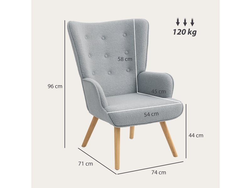  Fauteuil de salon en tissu bouclette, 71 x 74 x 96 cm, fauteuil capitonné et rembourré avec pieds en bois, gris clair  - Conforama C