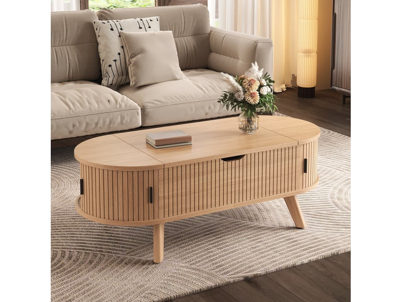  Table basse relevable ovale 110x50 cm – naturel – plateau hydraulique, rangement et portes coulissantes  - Conforama B