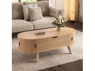 Table basse relevable ovale 110x50 cm – naturel – plateau hydraulique, rangement et portes coulissantes