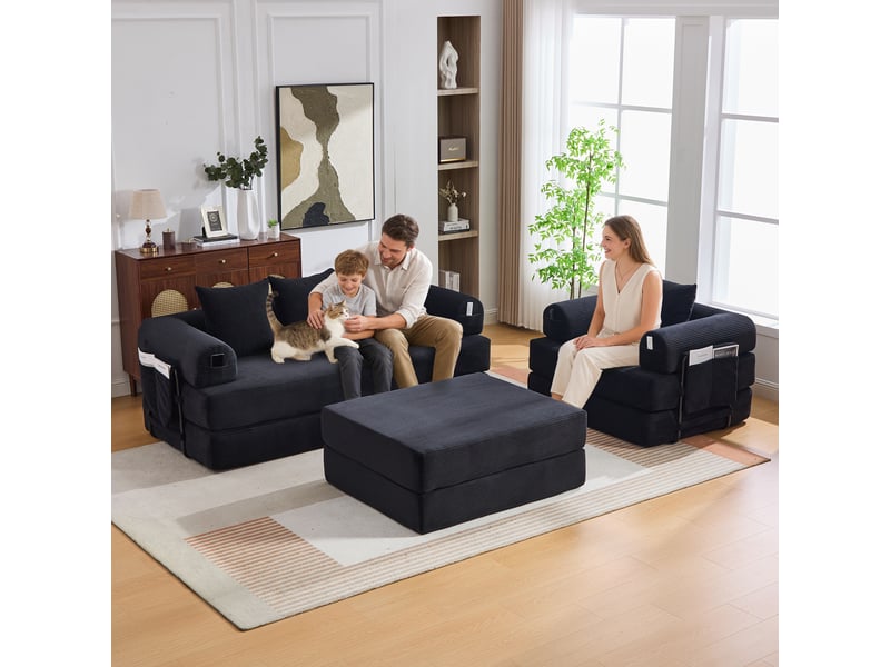  Canapé modulable, canapé 4 places, en velours tricoté, poches latérales, mousse haute densité, avec pouf  - Conforama A
