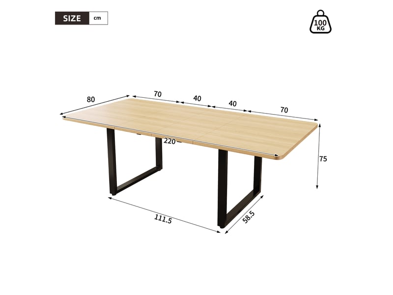  Table extensible pour 6 à 10 personnes à trois longueurs, forme rectangulaire, chêne, 220 × 80 × 75 cm  - Conforama E