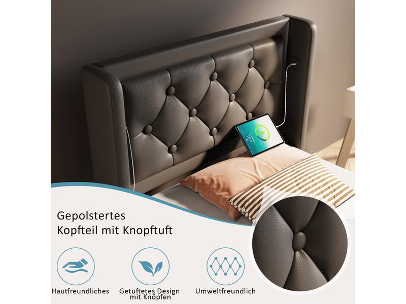  Lit 1 personne 90x200 cm avec matelas, tête de lit rembourrée avec recharge usb, lit simple led, noir  - Conforama W