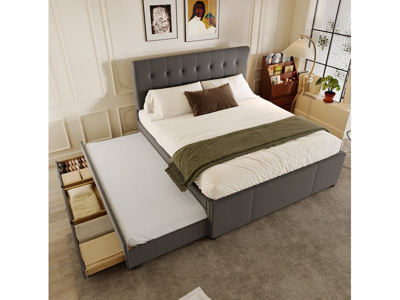  Lit 2 places rembourré 140x200 cm avec lit gigogne et 3 tiroirs gris  - Conforama D