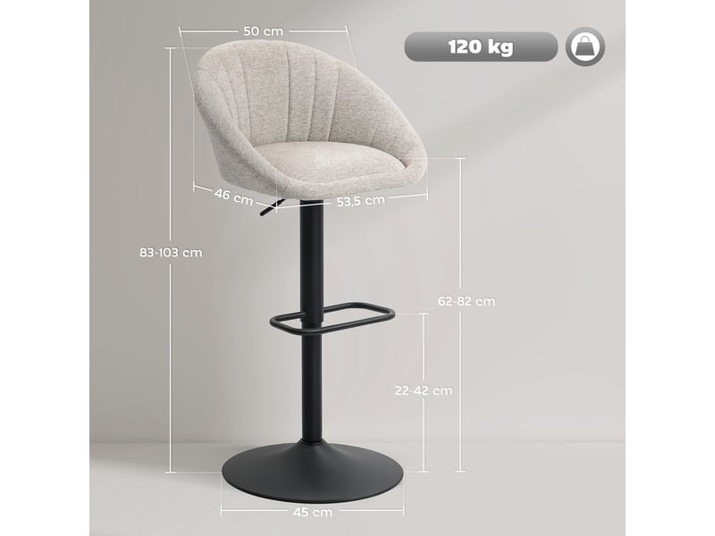  Lot de 2 tabourets de bar, chaises de bar hauteur réglable avec dossier et accoudoirs, repose-pieds, beige  - Conforama E