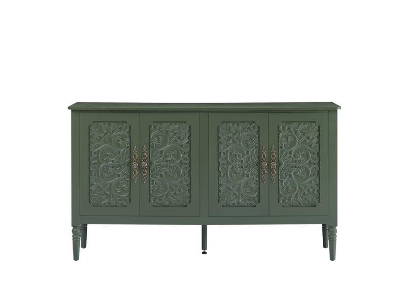 Buffet et enfilade 4 portes à relief sculpté, poignées métal et coins arrondis pour salle à manger en vert vintage - Conforama A
