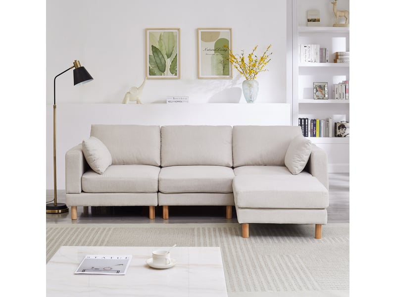 Canapé d'angle 3 places scandinave beige avec pouf 235x152x78 cm - tissu polyester et pieds en bois massif - Conforama R