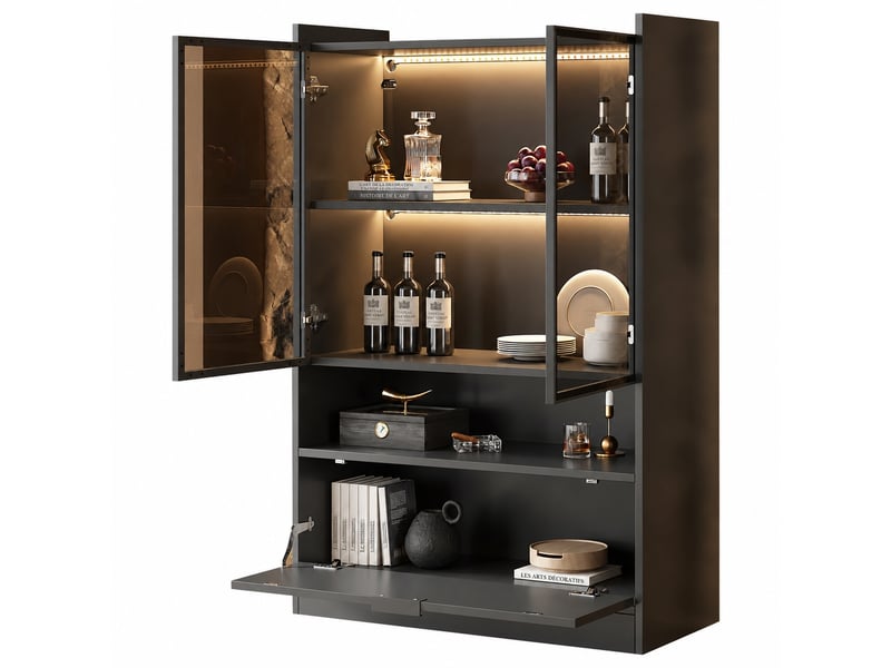 Vitrine noire mate avec éclairage led, portes en verre trempé, 120 x 80 x 35 cm, noir - Conforama A