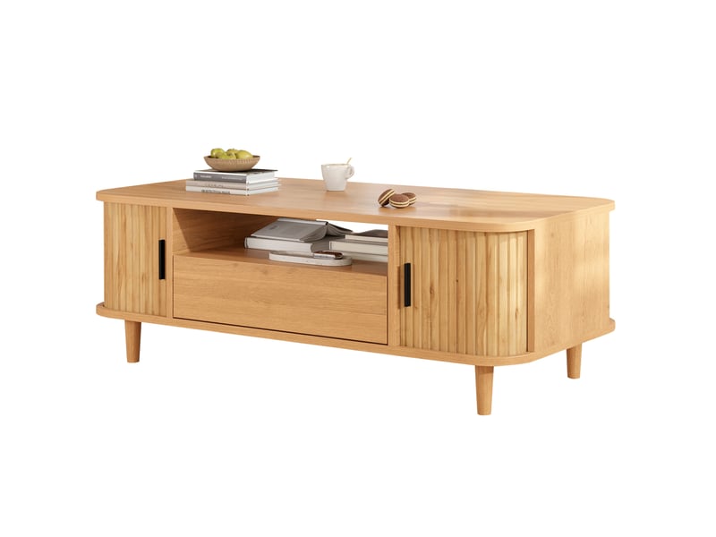  Table basse avec 1 tiroir, 2 portes à rideau et rangement ouvert, pieds en bois, finition bois naturel pour salon  - Conforama A
