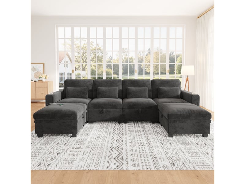  Canapé d’angle modulable convertible 6 places en chenille grise, coffres, 2 poufs, usb-c et dossier réglable  - Conforama B