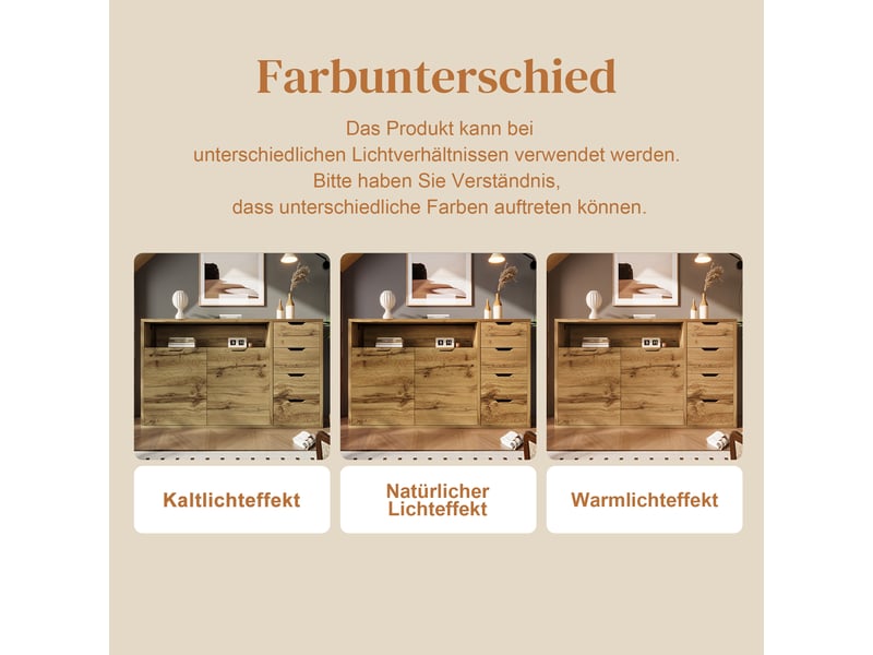  Buffet aspect chêne 150 cm, commode avec 4 tiroirs et 2 portes (sans matelas).  - Conforama D