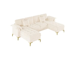Canapé d'angle en u modulable 4 places tissu chenille beige avec 2 méridiennes